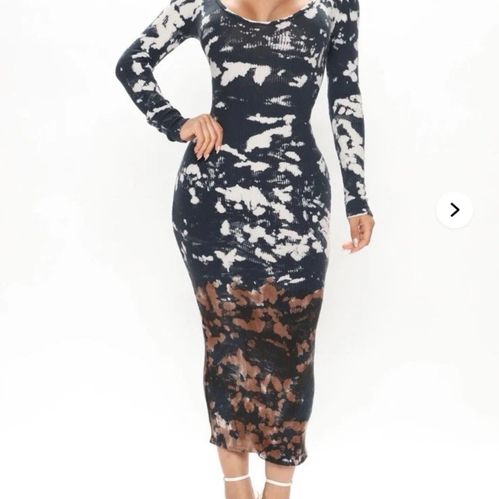 Fashion Nova Black and Brown Long Sleeve Dress